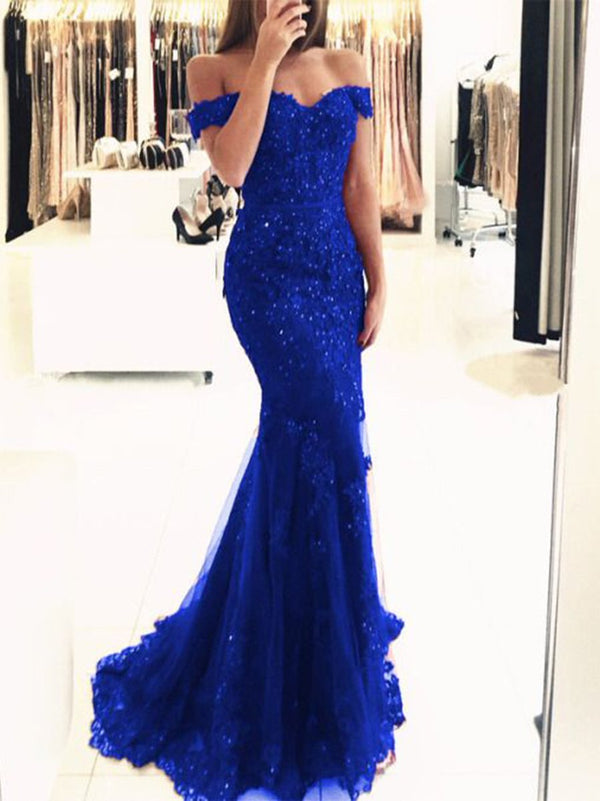 SSR0248,Blue Prom Dresses Off The Shoulder Evening Dress Mermaid Beaded Long Prom Dress