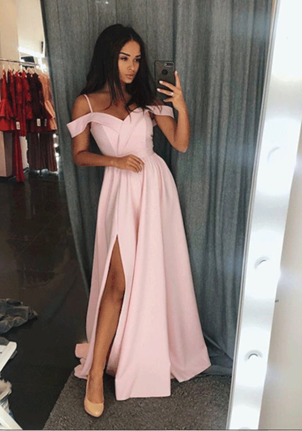 SSR0307,Spaghetti Straps Prom Dresses Pink Off The Shoulder Prom Dress Long Evening Gown