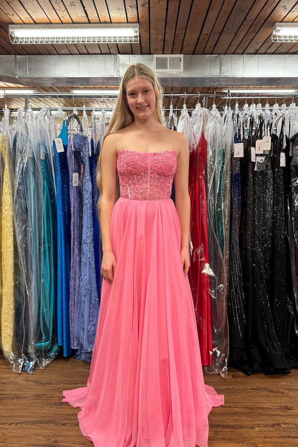 Pink Strapless Illusion Lace Applique A-line Dress