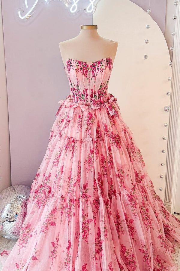 Pink Strapless Floral Print Ruffle Prom Dress with Bow