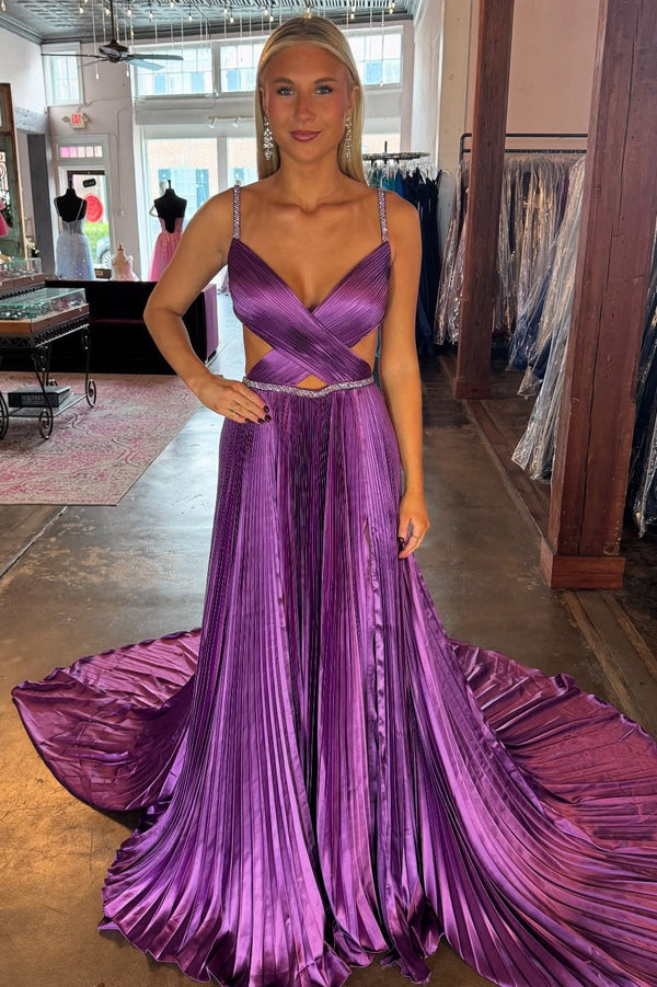 Purple Sequin Strap Pleated Prom Dress with Keyhole