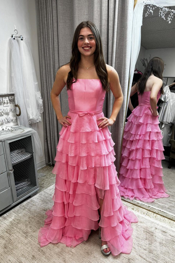 Pink Strapless Ruffle Gown Prom Dress with Slit