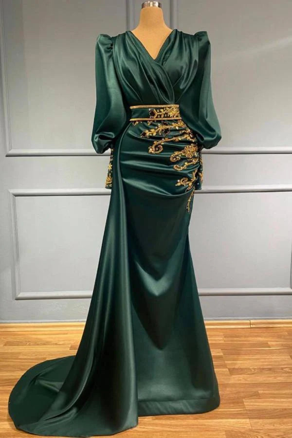 Dark Green Evening Dresses Long Prom Dresses with Sleeves,SSR1128