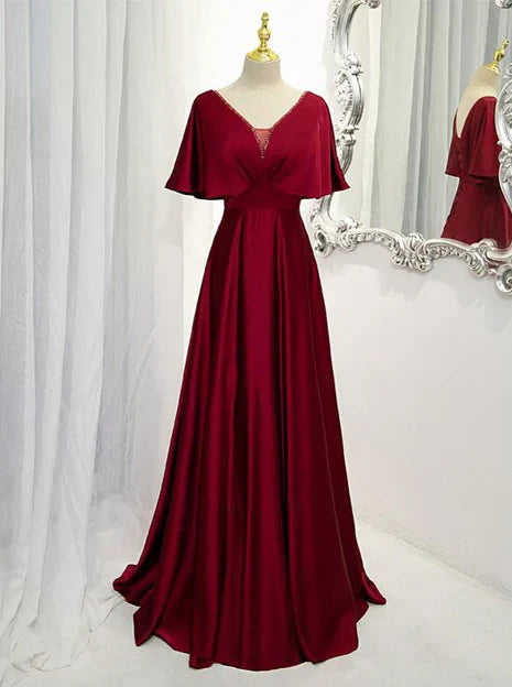 Dark Red Satin A-line Floor Length Evening Dress Wine Red Wedding Party Dress Formal Dress