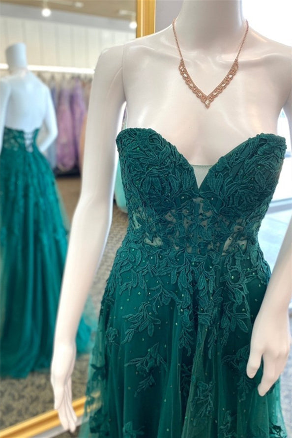 Dark Green Appliques A-line Tulle Long Formal Dress