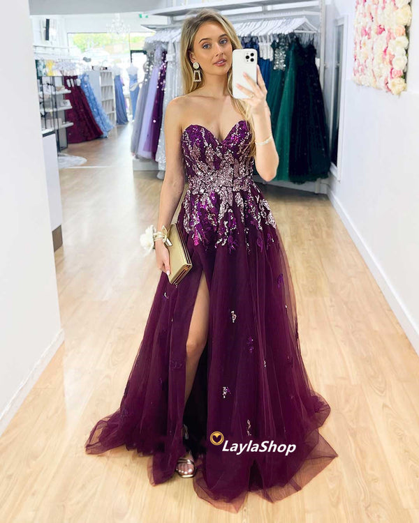 SSR0608,Purple sweetheart tulle prom dresses beaded evening dress