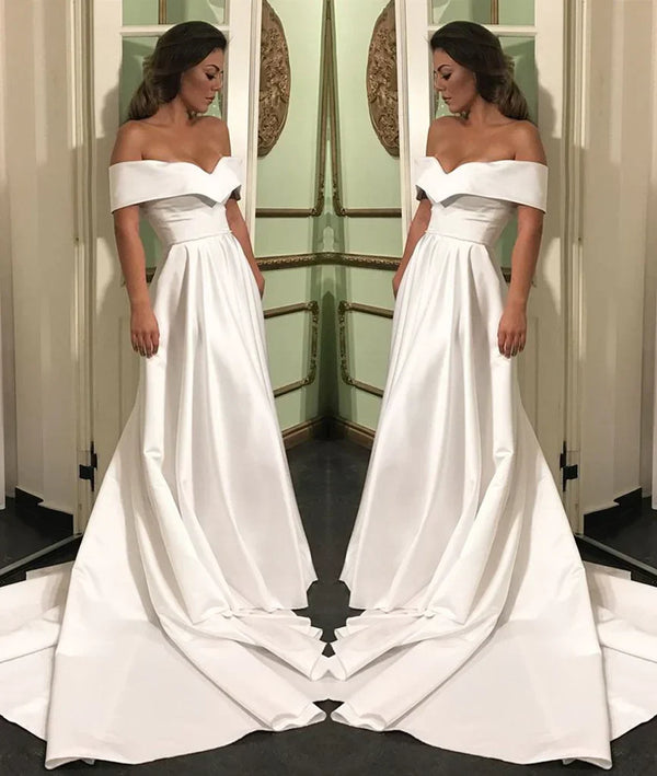 Off The Shoulder White Satin Custom Made Cheap Wedding Dresses