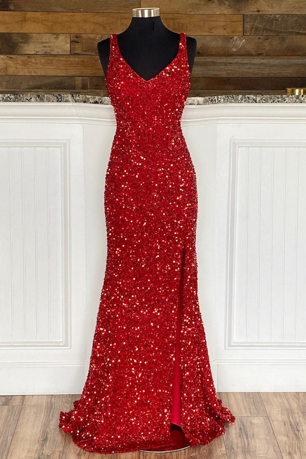 Elegant Red Sequin Mermaid Long Formal Dress with Slit
