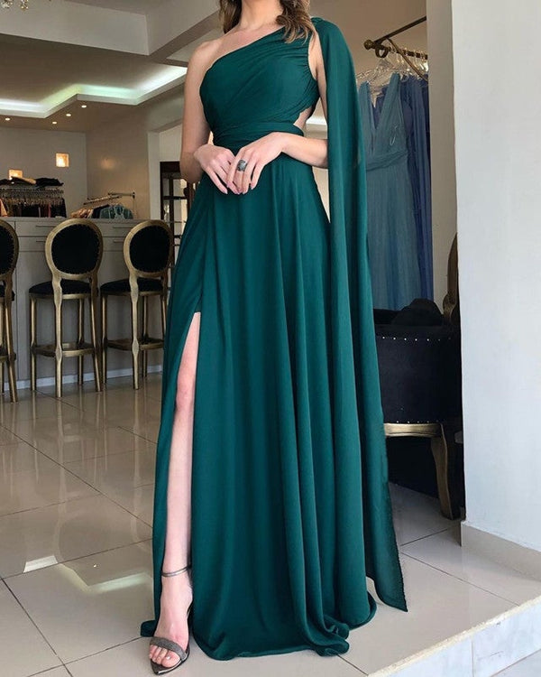 SSR0577,Emerald Green Prom Dress One Shoulder Chiffon Long Prom Evening Dresses High Slit Formal Gown
