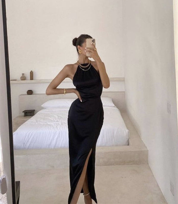SSR0729,Black halter silk satin long prom dresses with split