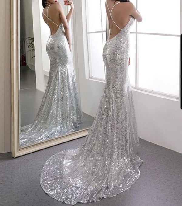 SSR0743,Silver mermaid open back long prom dresses