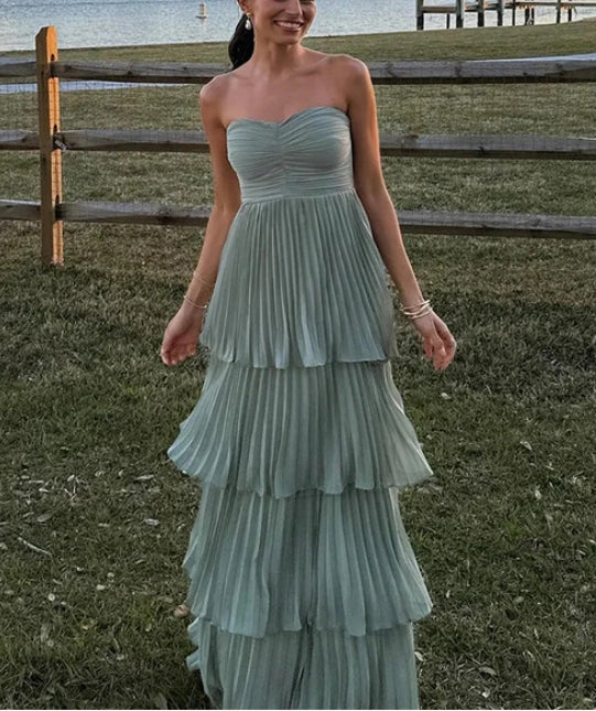 Dusty Green Strapless A-Line Tiered Long Prom Dress Evening Gown Off Shoulder Party Dress Formal Dress