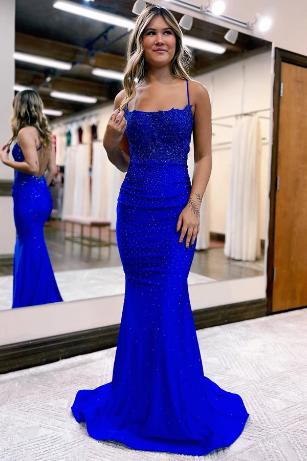 Mermaid Beaded Appliques Spaghetti Straps Crossed Back Long Prom Dress，SSR1194