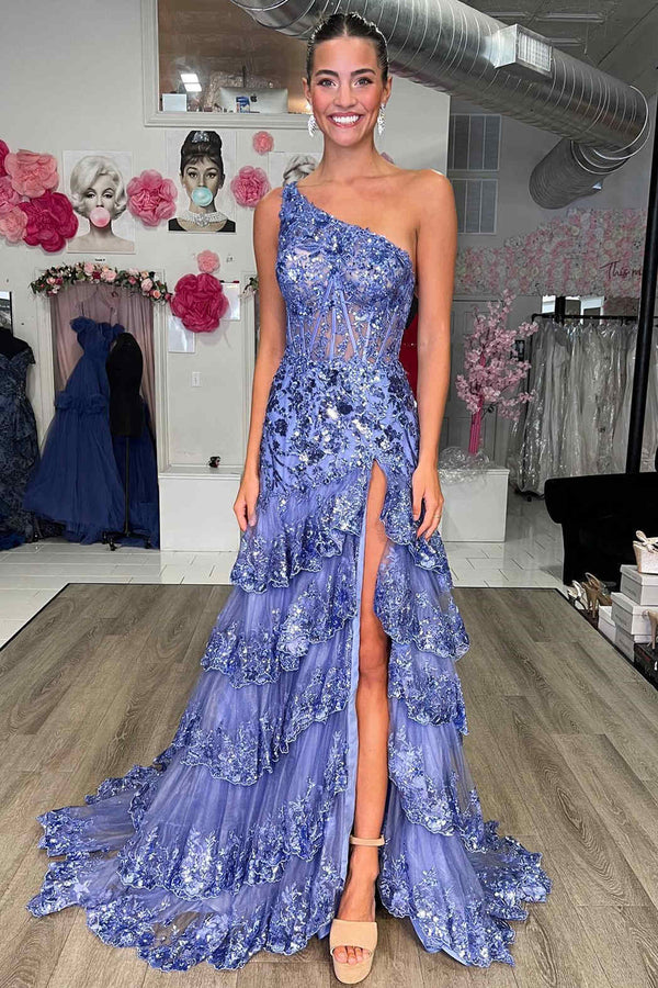 One Shoulder Pink Corset Sequin Tiered Long Formal Dress，SSR1197