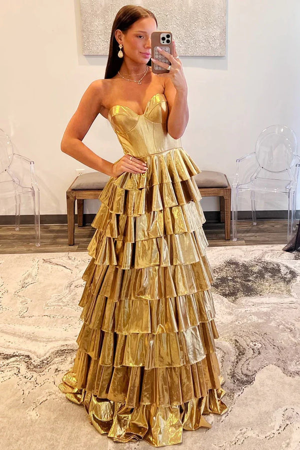 Metallic A-Line Sweetheart Ruffle Tiered Long Prom Dress，SSR1181