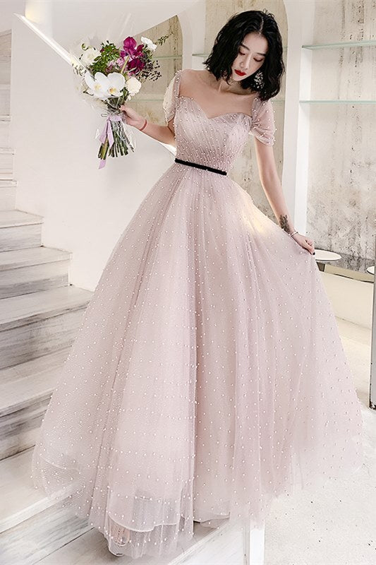 Fairy Off the Shoulder Pink Pearls Long Formal Dress