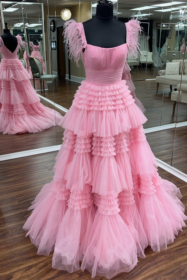 Feather Straps Pink Tiered Ruffle Long Formal Dress