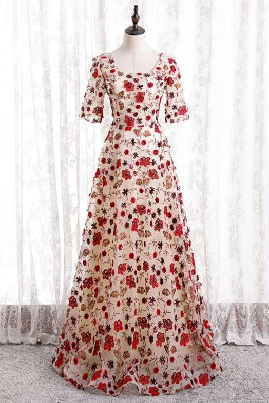 Floral Print Long Party Dress with Short Sleeves