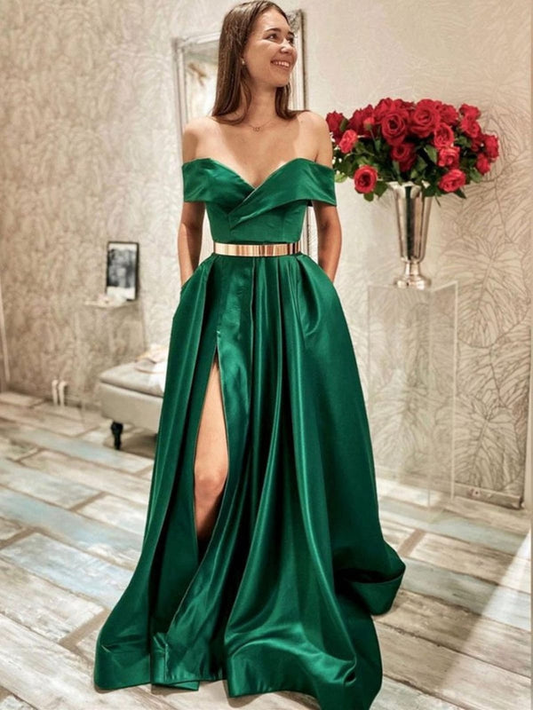 SSR1181,Dark Green A-Line Satin Prom Dresses,High Split Evening Party Dress