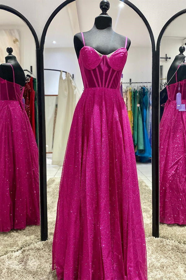 Fuchsia Shimmer Tulle Corset A-line Long Formal Dress