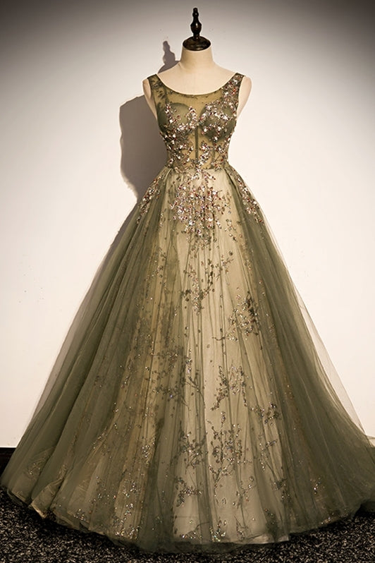 Elegant Plam Green Beaded Long Formal Dress