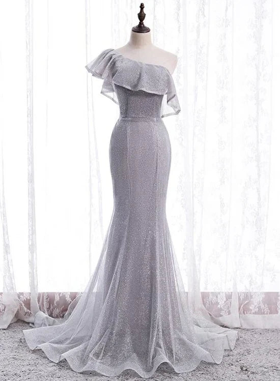 Grey One Shoulder Lace-up Shiny Long Prom Dress Party Dress Long Evening Dress Floor Length