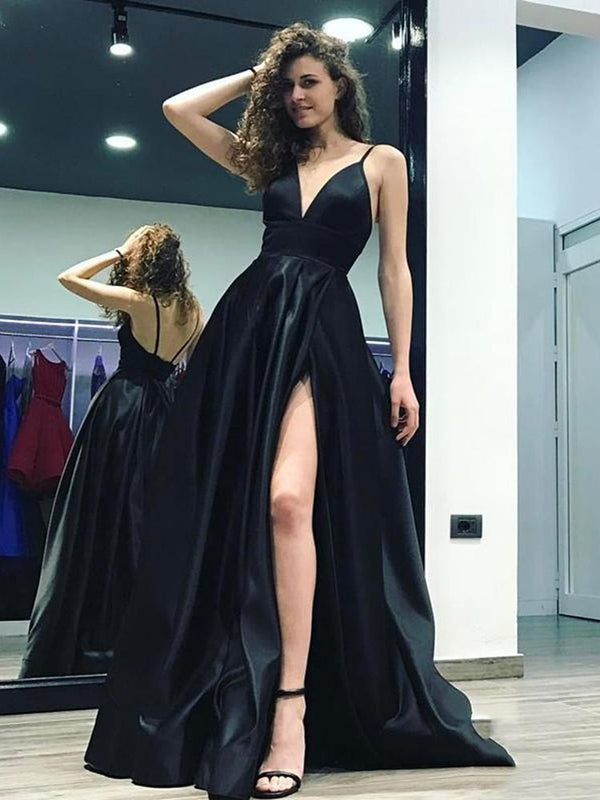 SSR0275,Spaghetti Straps Black Prom Dresses A-Line Long Evening Dress