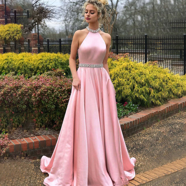 SSR0138,Pink evening dresses,halter prom dress,beaded long prom evening dresses,satin formal gown