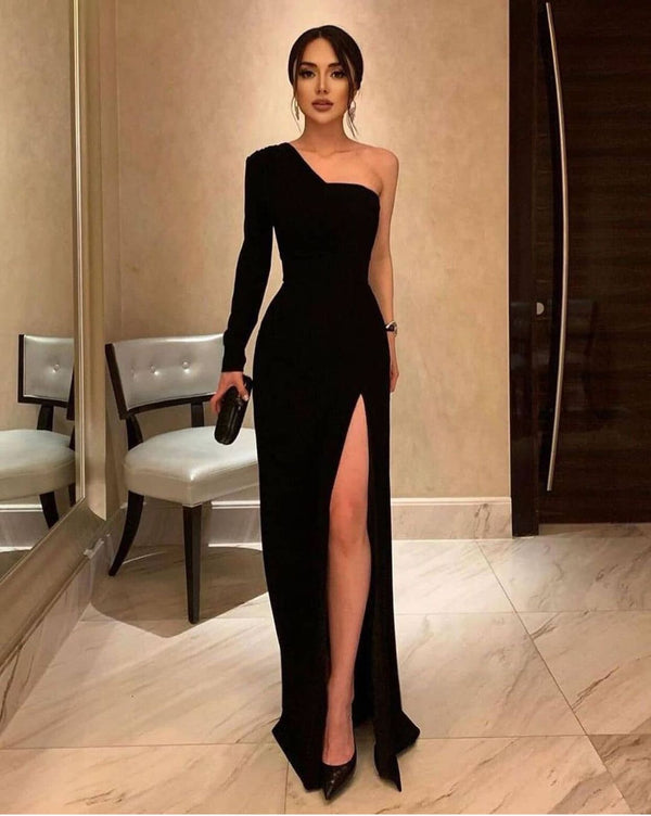 SSR0604,Black prom dress one shoulder long evening dresses high split party gown