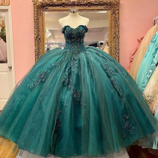 SSR1068,Luxury green off the shoulder prom dresses princess applique ball gown,sweet 16 dress