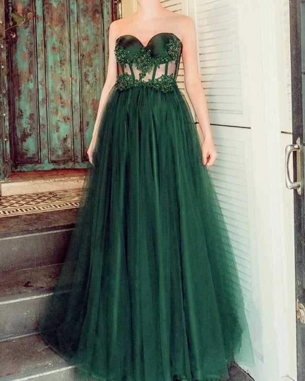 SSR1045,Green sweetheart applique tulle prom evening dresses