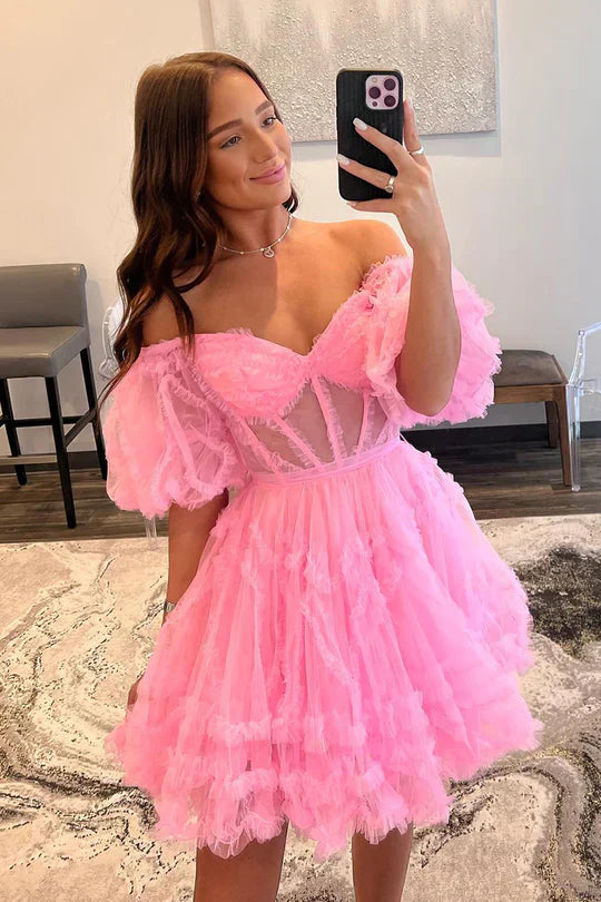 SSR1839,A-line Pink Off The Shoulder V-Neck Mini Homecoming Dress
