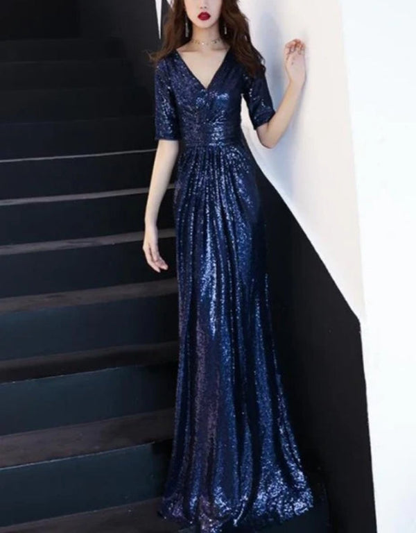 Blue Sequins Short Sleeves A-line Long Bridesmaid Dresses Sequins Evening Dress Party Dress Sparkly