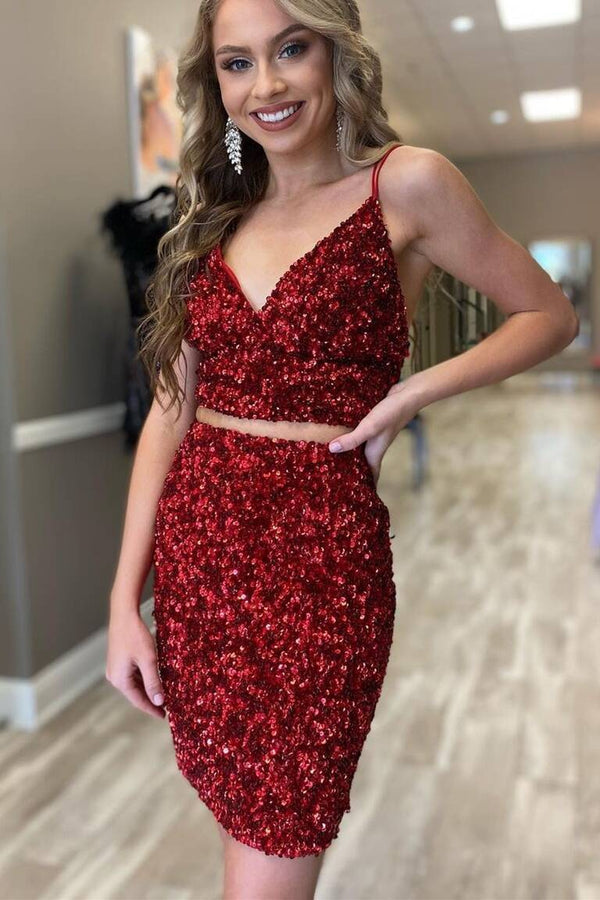 SSR1168,Two Piece Tight Red Sequins Homecoming Dress