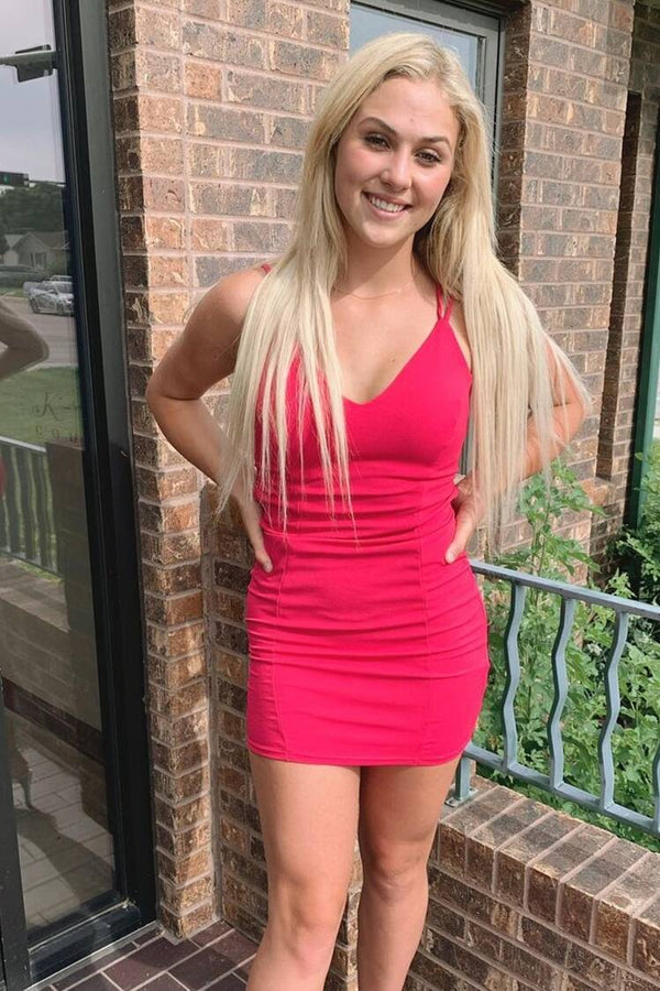 SSR1165,Casual Tight Hot Pink V Neck Party Dress,Satin Homecoming Dresses