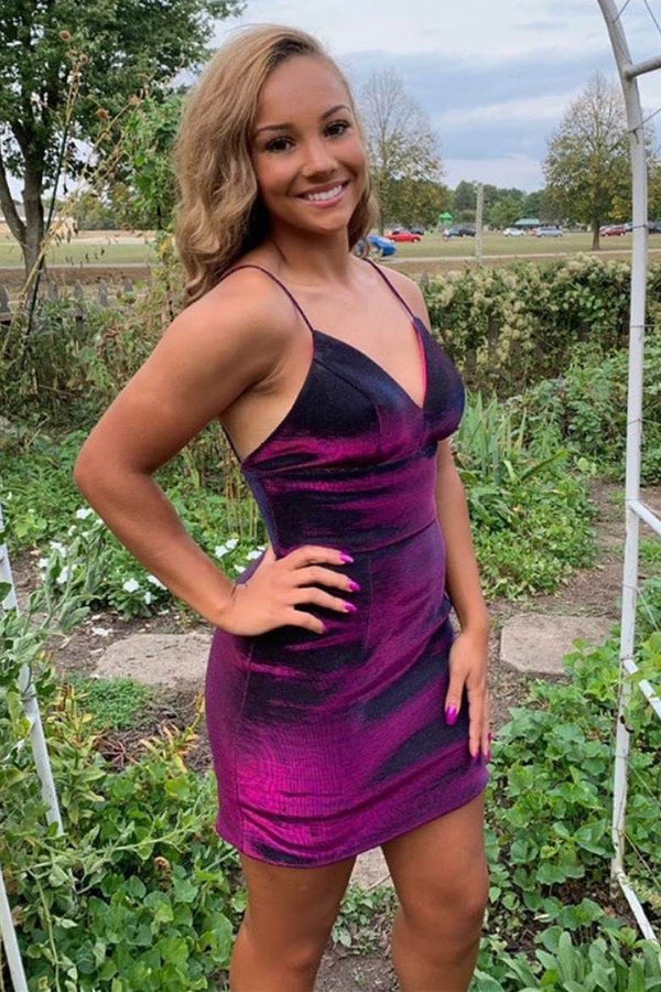 SSR1164,Spaghetti Straps Purple Tight Homecoming Dress
