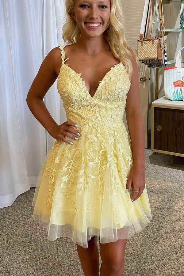 SSR1161,Princess Yellow Appliques A-line Short Homecoming Dress
