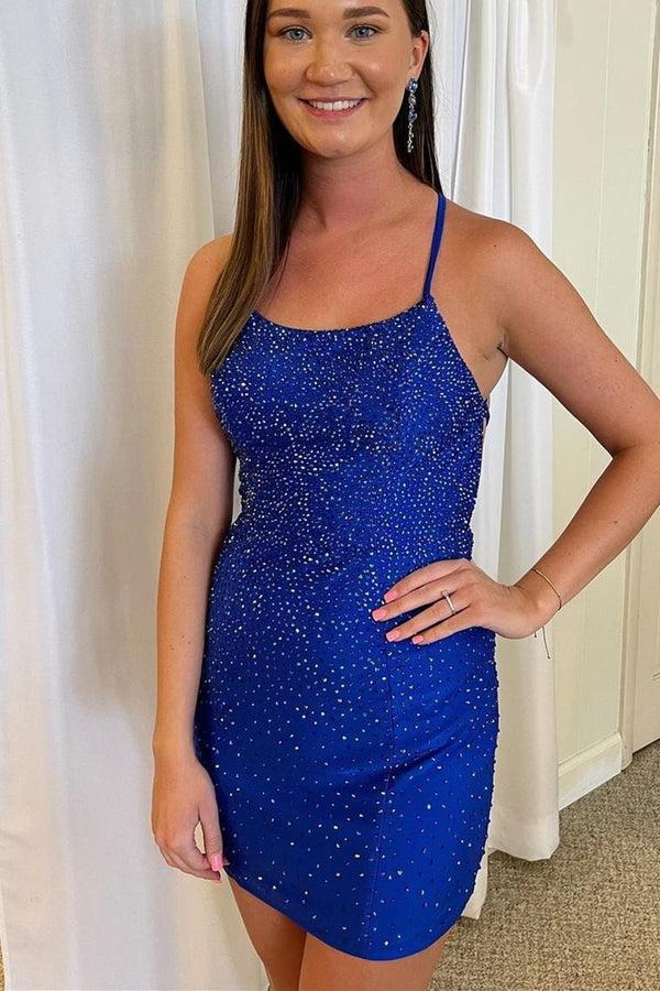 SSR1159,Cute Royal Blue Beaded Mini Bodycon Party Dress