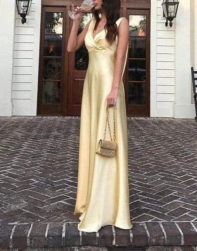 Elegant Yellow V Neck Prom Dress Long Evening Dress Charming Party Dress