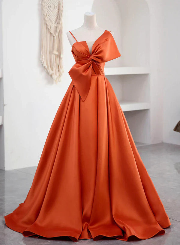 Elegant A Line Spaghetti Straps Orange Satin Long Formal Prom Dress Evening Dress With Bow