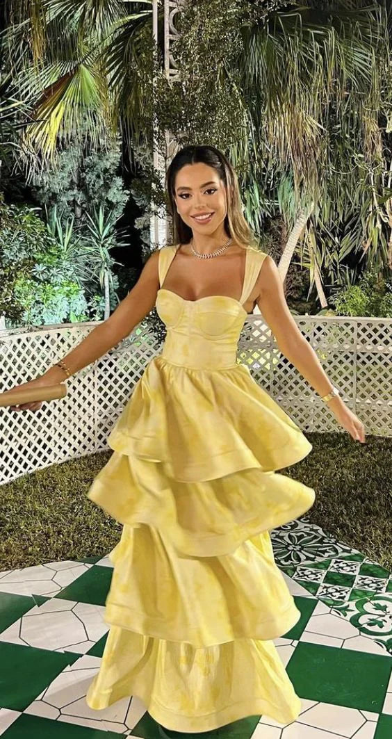 Pastel Yellow Ruffle Tiered A-Line Long Party Prom Dress Formal Dress Beautiful