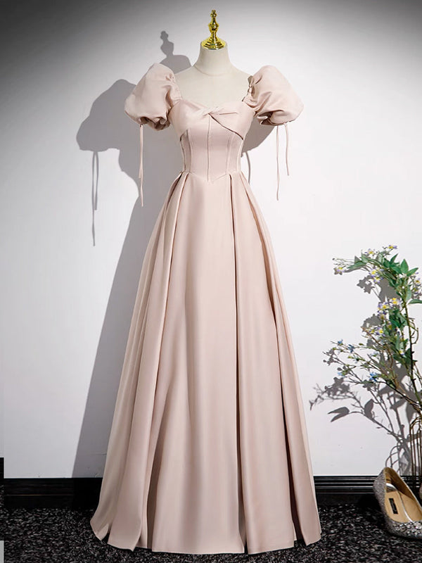 Simple Champagne Pink Satin Long Prom Dress Long Formal Dress Short Sleeves Evening Dress