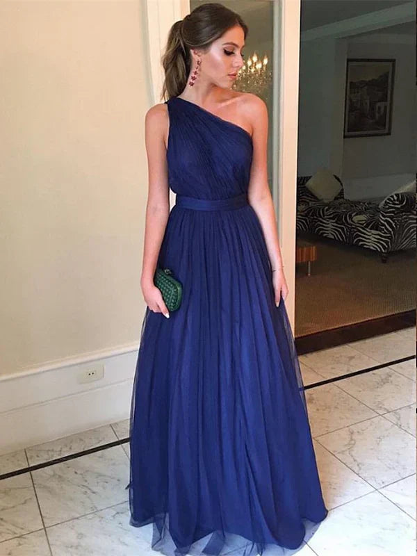 Simple Tulle One Shoulder Backless A-line Prom Dresses Floor Length Elegant Evening Dress