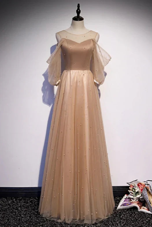 A-Line Elegant Cold Shoulder Champagne Aline Prom Dress with Beadings Evening Dress