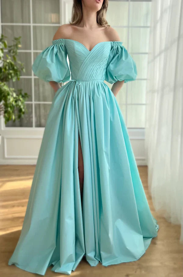 Charming Aquamarine Gown Off Shoulder A-Line Floor-length Prom Dress Evening Dress With Slit