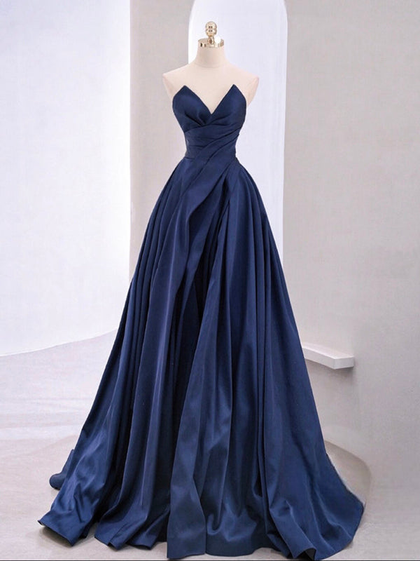 A-Line V Neck Satin Dark Blue Long Prom Dress Evening Dress Solid Color With Slit