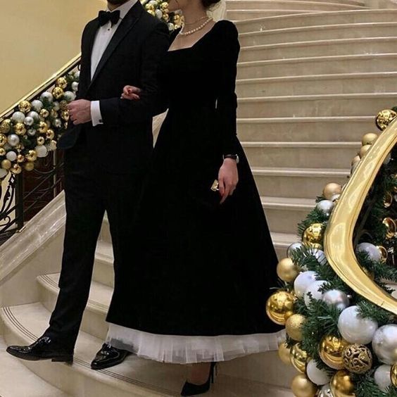 Vintage Black With White Tulle Long Sleeves Prom Dress Elegant Evening Party Dress Formal Dress