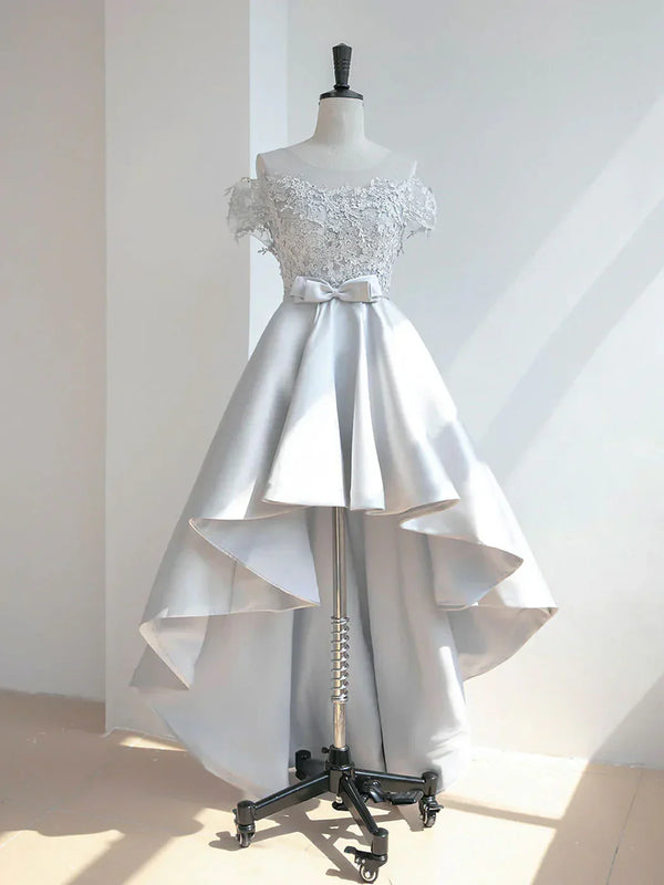 Gray Scoop Neckline High Low Lace Prom Dresses Homecoming Dresses Formal Dress Cocktail Dress