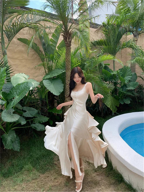 Elegant Backless Vintage Prom Dress Charming Evening Party Dress Formal Dress With Slit