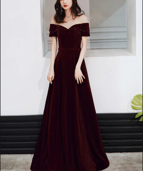 Wine Red Velvet Long A-line Bridesmaid Dress Prom Dresses Off Shoulder Elegant Evening Dress